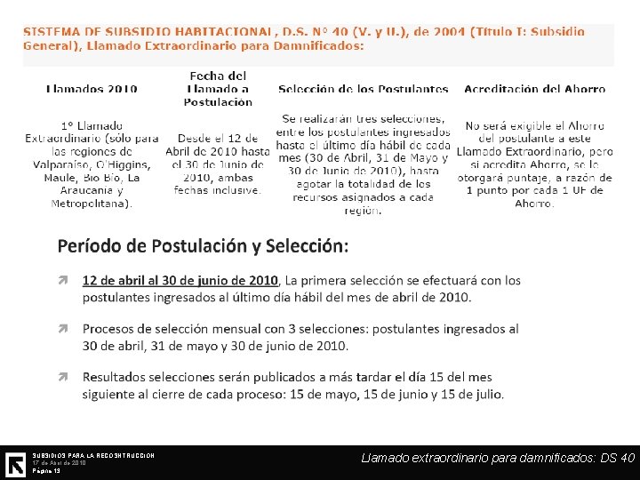 SUBSIDIOS PARA LA RECOSNTRUCCIÓN 17 de Abril de 2010 Página 13 Llamado extraordinario para