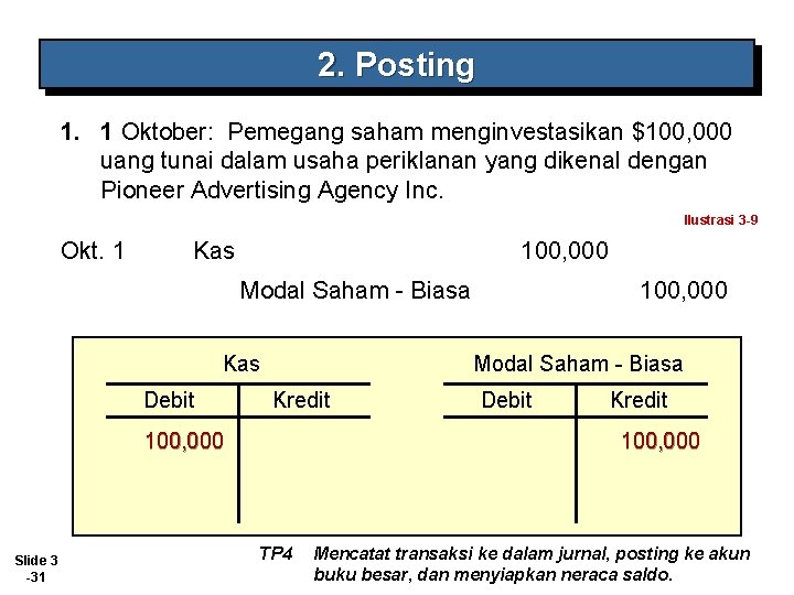 2. Posting 1. 1 Oktober: Pemegang saham menginvestasikan $100, 000 uang tunai dalam usaha