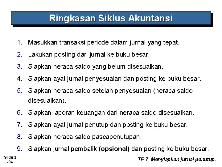 Ringkasan Siklus Akuntansi 1. Masukkan transaksi periode dalam jurnal yang tepat. 2. Lakukan posting