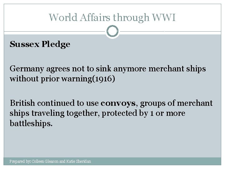 World Affairs through WWI Sussex Pledge Germany agrees not to sink anymore merchant ships