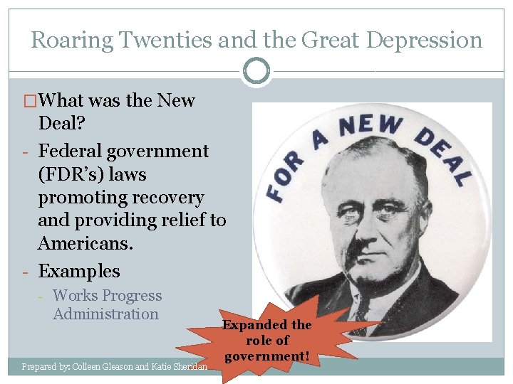 Roaring Twenties and the Great Depression �What was the New Deal? - Federal government