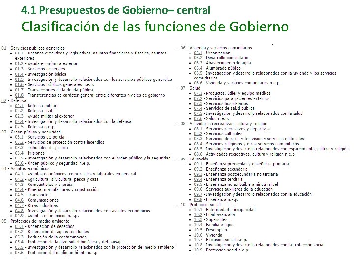 4. 1 Presupuestos de Gobierno– central Clasificación de las funciones de Gobierno 