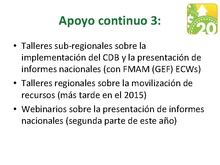 Apoyo continuo 3: • Talleres sub-regionales sobre la implementación del CDB y la presentación