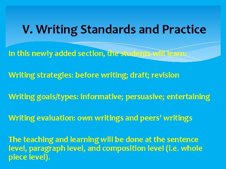  V. Writing Standards and Practice In this newly added section, the students will
