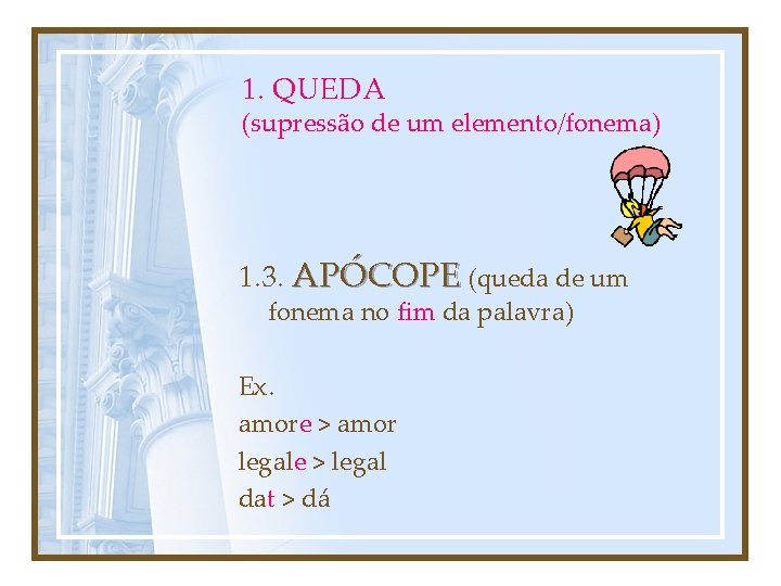 1. QUEDA (supressão de um elemento/fonema) 1. 3. APÓCOPE (queda de um fonema no