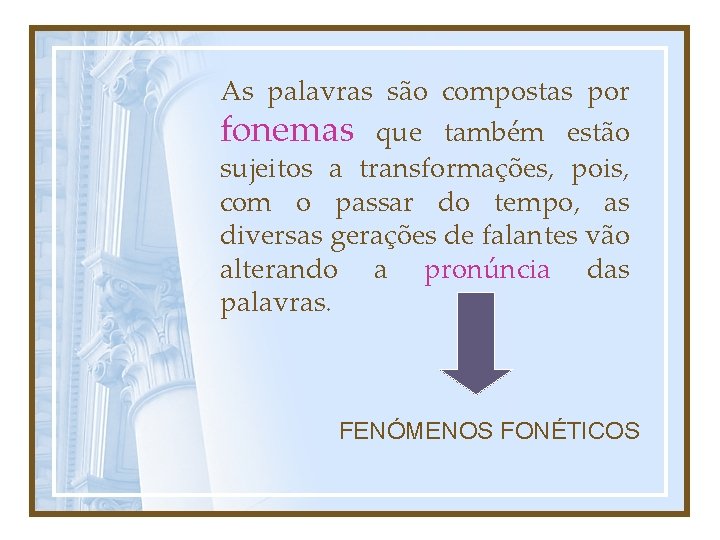 As palavras são compostas por fonemas que também estão sujeitos a transformações, pois, com