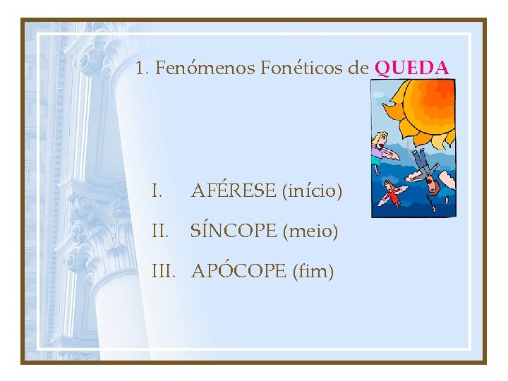 1. Fenómenos Fonéticos de QUEDA I. AFÉRESE (início) II. SÍNCOPE (meio) III. APÓCOPE (fim)
