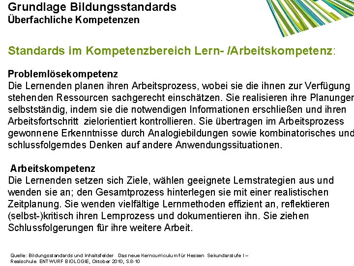 Grundlage Bildungsstandards Überfachliche Kompetenzen Standards im Kompetenzbereich Lern- /Arbeitskompetenz: Problemlösekompetenz Die Lernenden planen ihren