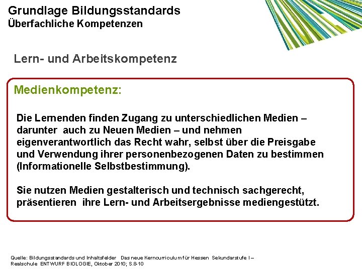 Grundlage Bildungsstandards Überfachliche Kompetenzen Lern- und Arbeitskompetenz Medienkompetenz: Die Lernenden finden Zugang zu unterschiedlichen