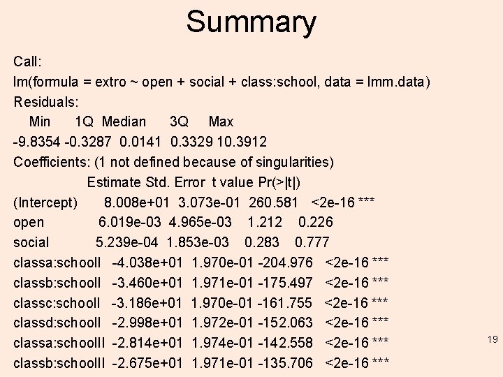 Summary Call: lm(formula = extro ~ open + social + class: school, data =