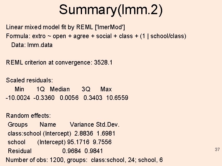 Summary(lmm. 2) Linear mixed model fit by REML ['lmer. Mod'] Formula: extro ~ open