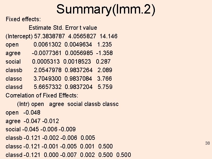 Summary(lmm. 2) Fixed effects: Estimate Std. Error t value (Intercept) 57. 3838787 4. 0565827