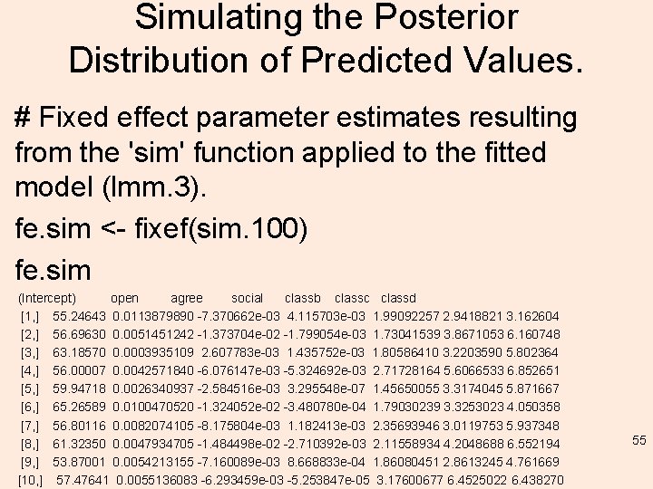 Simulating the Posterior Distribution of Predicted Values. # Fixed effect parameter estimates resulting from