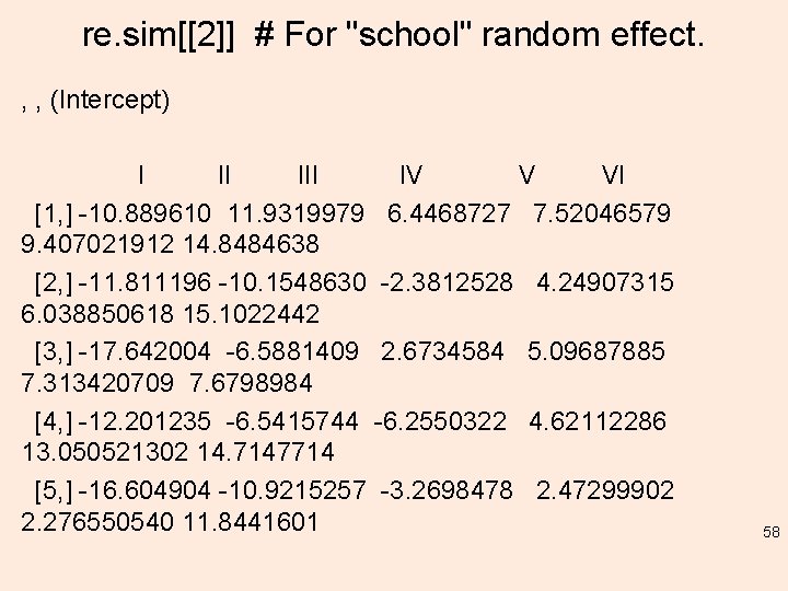 re. sim[[2]] # For "school" random effect. , , (Intercept) III IV VI [1,