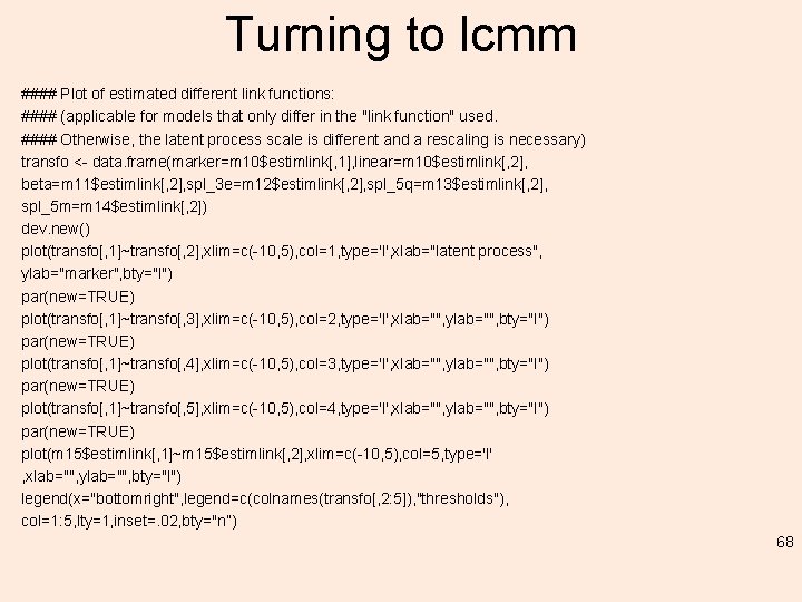 Turning to lcmm #### Plot of estimated different link functions: #### (applicable for models