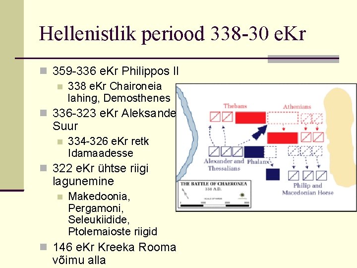 Hellenistlik periood 338 -30 e. Kr 359 -336 e. Kr Philippos II 338 e.