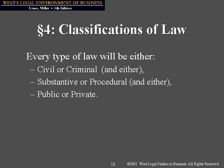 § 4: Classifications of Law Every type of law will be either: – Civil