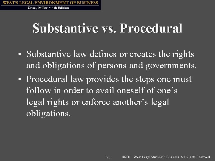 Substantive vs. Procedural • Substantive law defines or creates the rights and obligations of