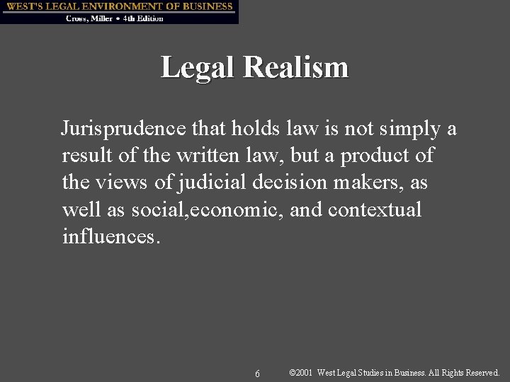 Legal Realism Jurisprudence that holds law is not simply a result of the written