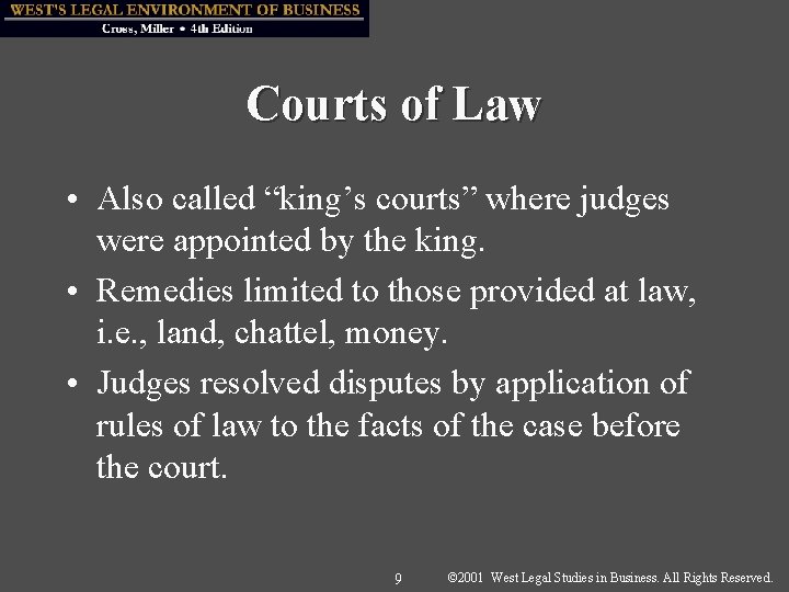 Courts of Law • Also called “king’s courts” where judges were appointed by the