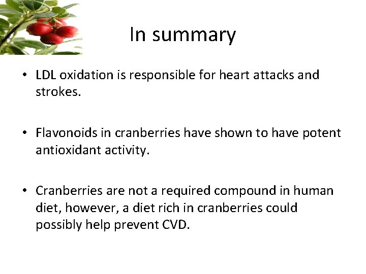 In summary • LDL oxidation is responsible for heart attacks and strokes. • Flavonoids