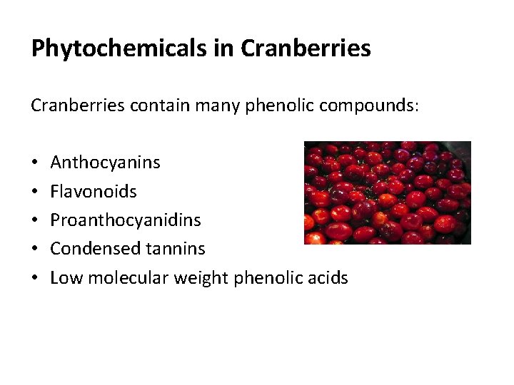 Phytochemicals in Cranberries contain many phenolic compounds: • • • Anthocyanins Flavonoids Proanthocyanidins Condensed