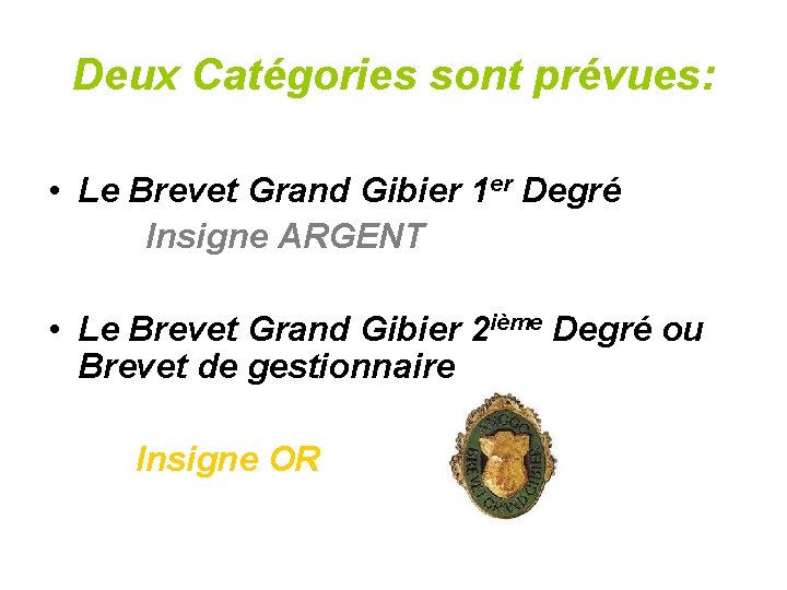 Deux Catégories sont prévues: • Le Brevet Grand Gibier 1 er Degré Insigne ARGENT