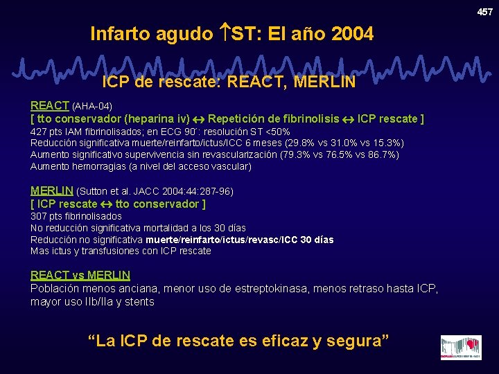 457 Infarto agudo ST: El año 2004 ICP de rescate: REACT, MERLIN REACT (AHA-04)