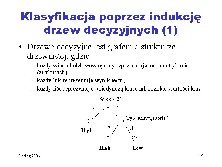 Klasyfikacja poprzez indukcję drzew decyzyjnych (1) • Drzewo decyzyjne jest grafem o strukturze drzewiastej,