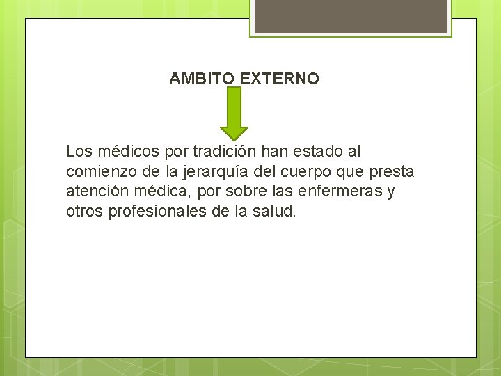 AMBITO EXTERNO Los médicos por tradición han estado al comienzo de la jerarquía del