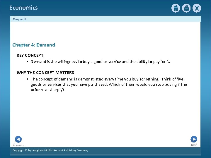Economics Chapter 4: Demand KEY CONCEPT • Demand is the willingness to buy a Economics Chapter 4: Demand KEY CONCEPT • Demand is the willingness to buy a