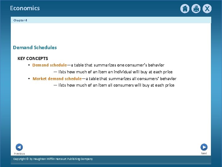 Economics Chapter 4 Demand Schedules KEY CONCEPTS • Demand schedule—a table that summarizes one Economics Chapter 4 Demand Schedules KEY CONCEPTS • Demand schedule—a table that summarizes one