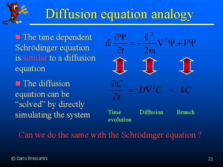 Diffusion equation analogy n The time dependent Schrödinger equation is similar to a diffusion