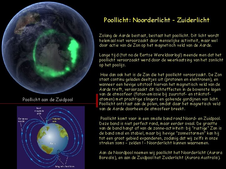 Poollicht: Noorderlicht - Zuiderlicht Zolang de Aarde bestaat, bestaat het poollicht. Dit licht wordt