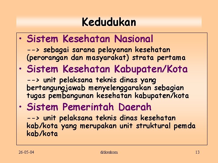 Kedudukan • Sistem Kesehatan Nasional --> sebagai sarana pelayanan kesehatan (perorangan dan masyarakat) strata