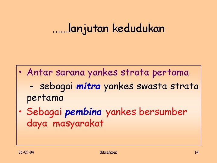 . . . lanjutan kedudukan • Antar sarana yankes strata pertama - sebagai mitra