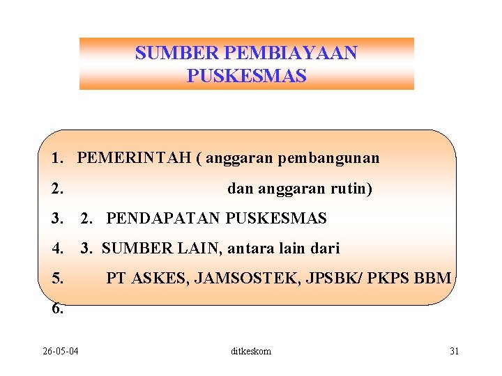 SUMBER PEMBIAYAAN PUSKESMAS 1. PEMERINTAH ( anggaran pembangunan 2. dan anggaran rutin) 3. 2.