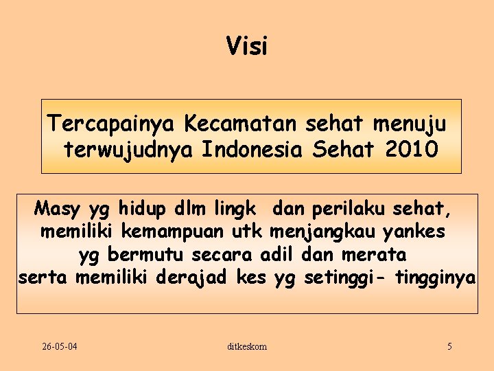 Visi Tercapainya Kecamatan sehat menuju terwujudnya Indonesia Sehat 2010 Masy yg hidup dlm lingk