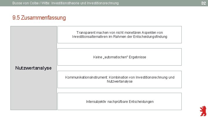 Busse von Colbe / Witte: Investitionstheorie und Investitionsrechnung 9. 5 Zusammenfassung Transparent machen von