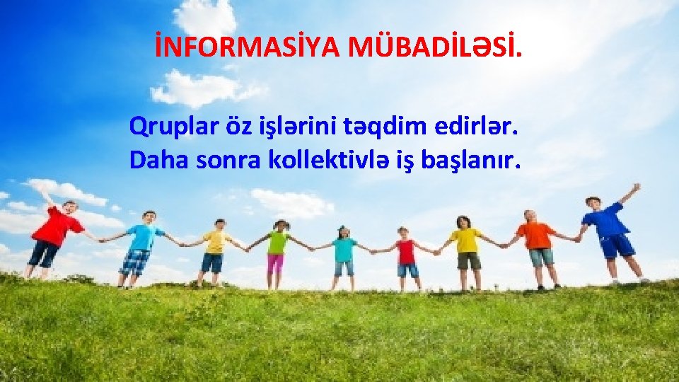 İNFORMASİYA MÜBADİLƏSİ. Qruplar öz işlərini təqdim edirlər. Daha sonra kollektivlə iş başlanır. 