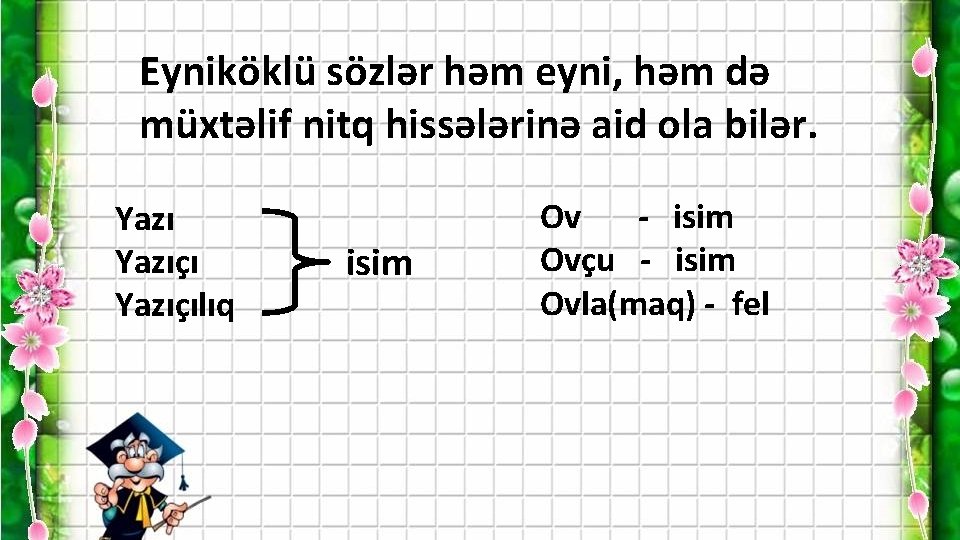 Eyniköklü sözlər həm eyni, həm də müxtəlif nitq hissələrinə aid ola bilər. Yazıçılıq isim