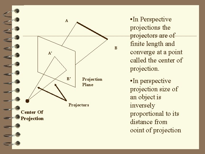 A B A’ B’ Projection Plane Projectors Center Of Projection • In Perspective projections
