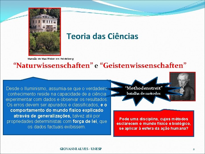 Teoria das Ciências “Naturwissenschaften” e “Geistenwissenschaften” Mansão de Max Weber em Heidelberg Desde o