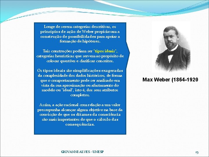 Longe de serem categorias descritivas, os princípios de ação de Weber propiciavam a construção