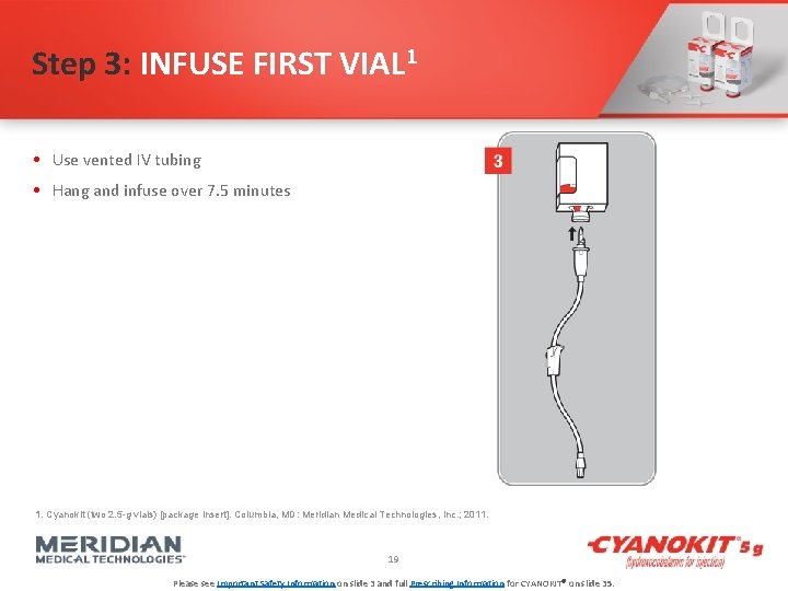 Step 3: INFUSE FIRST VIAL 1 • Use vented IV tubing • Hang and