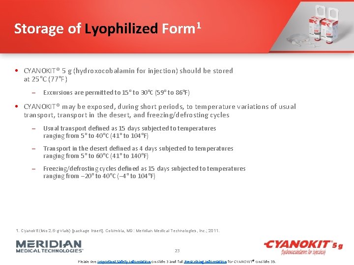 Storage of Lyophilized Form 1 • CYANOKIT® 5 g (hydroxocobalamin for injection) should be