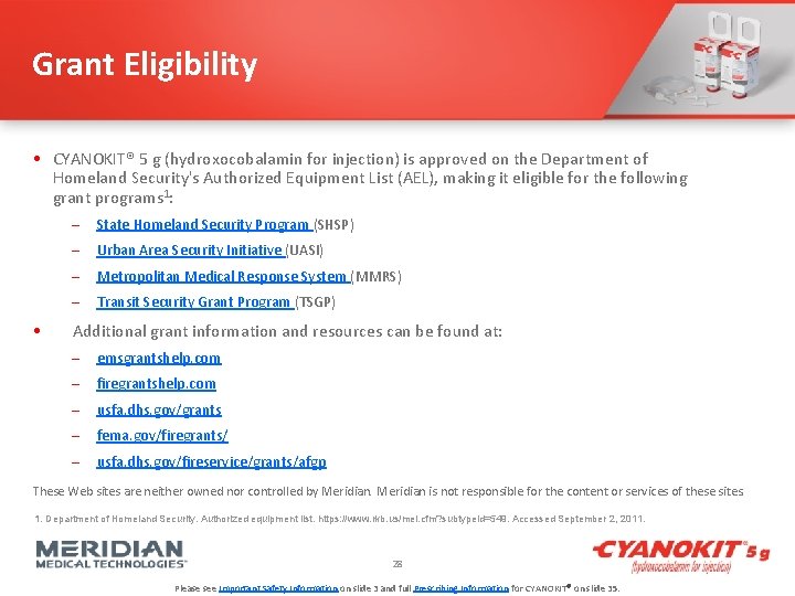 Grant Eligibility • CYANOKIT® 5 g (hydroxocobalamin for injection) is approved on the Department