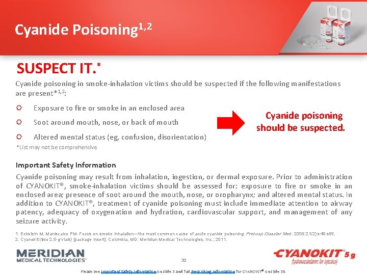 Cyanide Poisoning 1, 2 SUSPECT IT. * Cyanide poisoning in smoke-inhalation victims should be