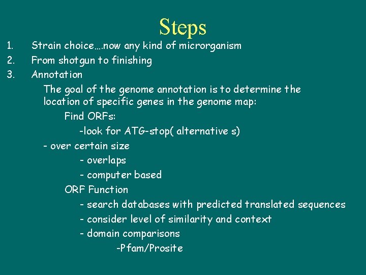 1. 2. 3. Steps Strain choice…. now any kind of microrganism From shotgun to