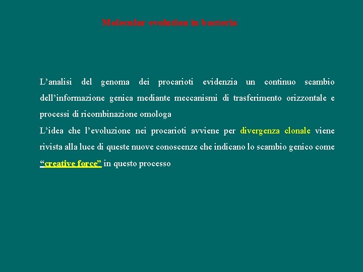 Molecular evolution in bacteria L’analisi del genoma dei procarioti evidenzia un continuo scambio dell’informazione